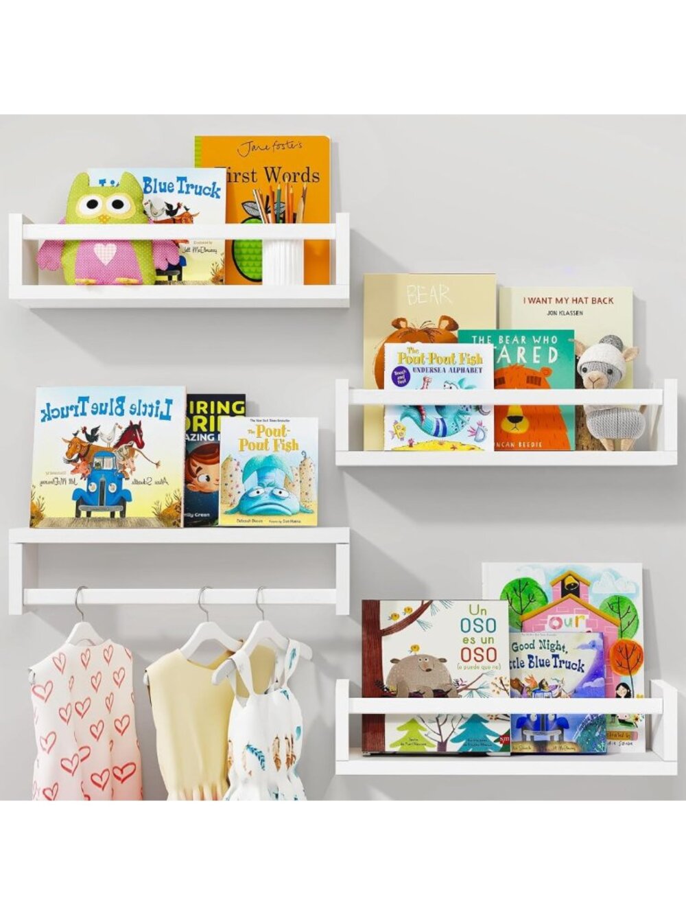 Set of 4 Floating Wall Shelves, 16.5 Inch Solid Wood Book & Toy Storage for